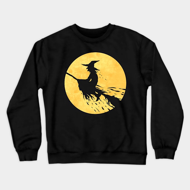 Witch On A Broom Flying In Front Of The Moon On Halloween Crewneck Sweatshirt by SinBle